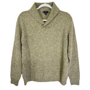 Vtg J Crew 100% Lambswool Sweater Mens Medium Tan Taupe Marled Knit Shawl Collar